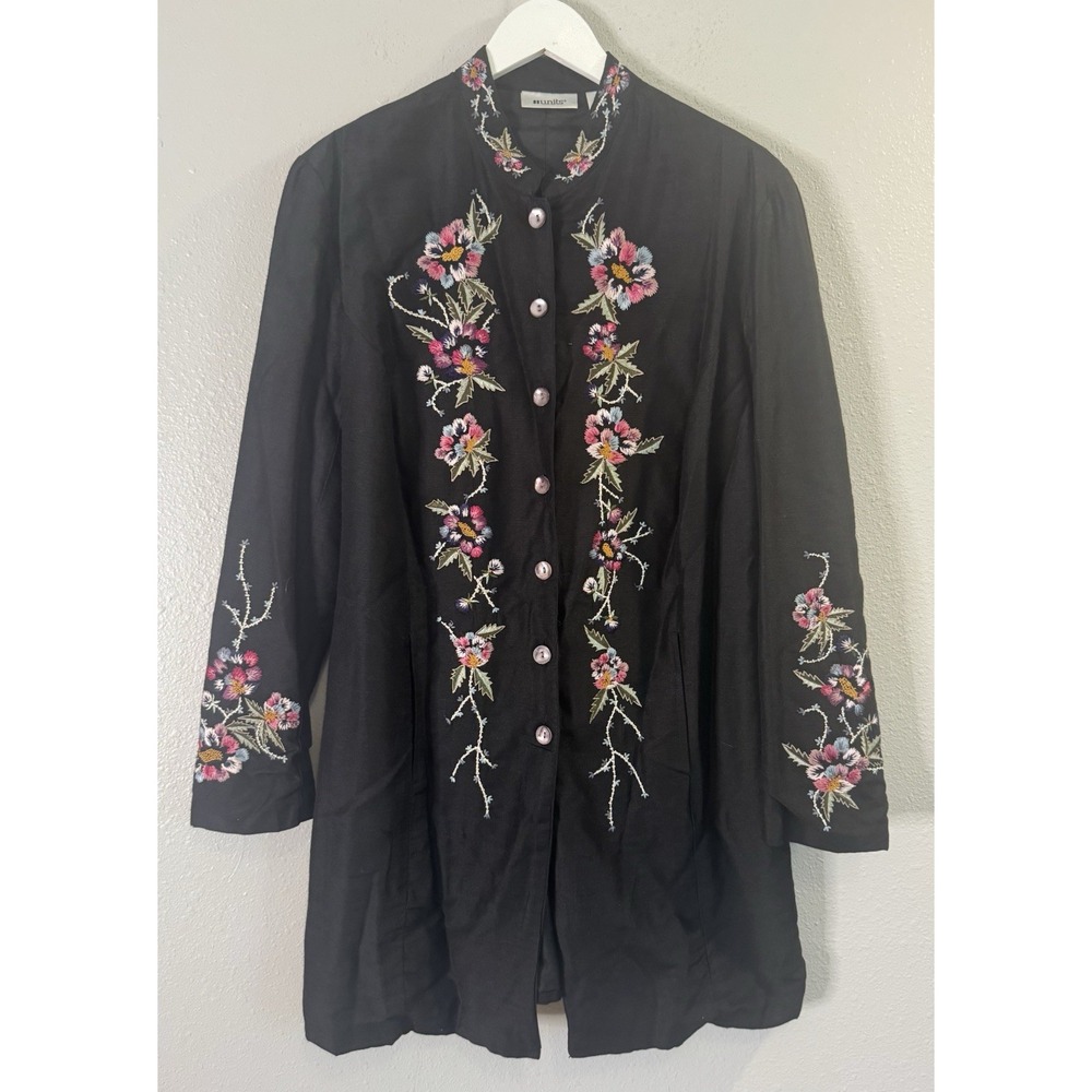 Units Silk Blend Embroidered Floral Long Jacket L Black Boho Duster Cottagecore